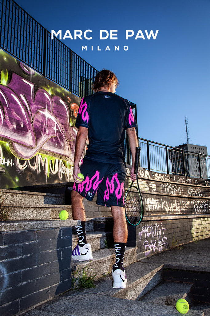 Black Tennis / Padel T-Shirt with neon Pink spray Flames