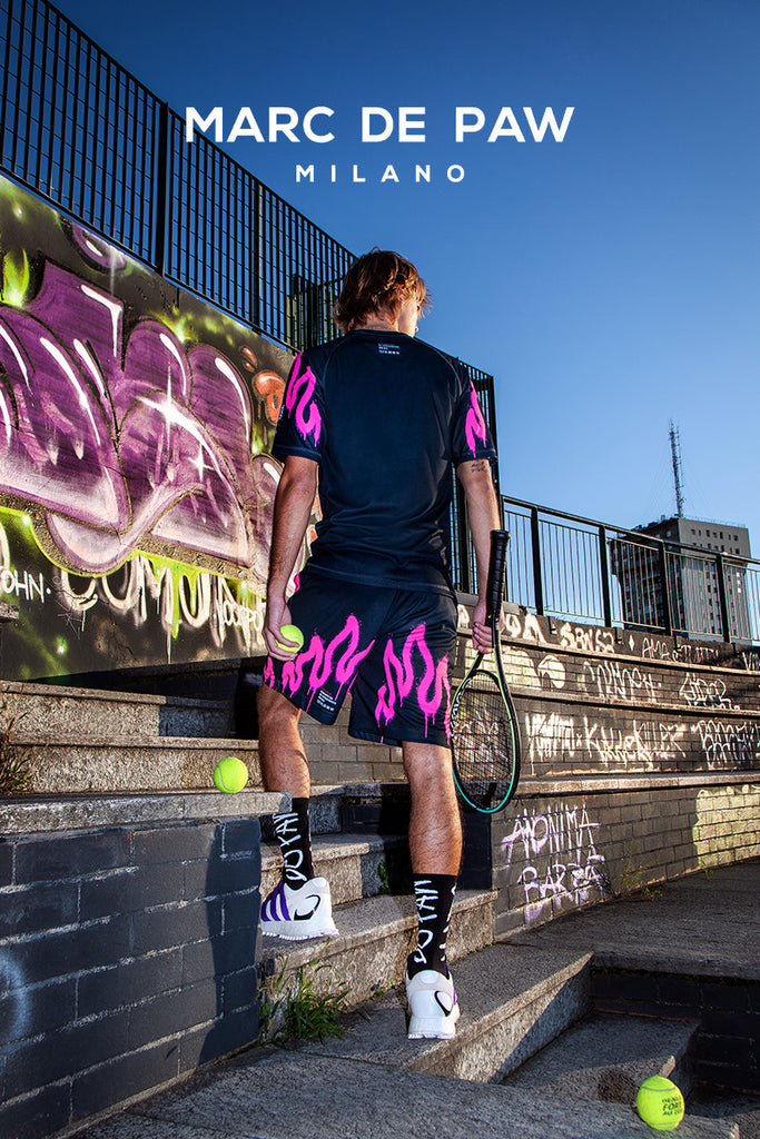 Black Tennis / Padel Shorts with neon Pink spray Flames