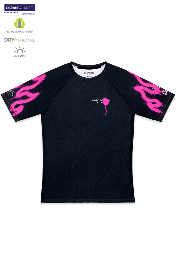 Black Tennis / Padel T-Shirt with neon Pink spray Flames