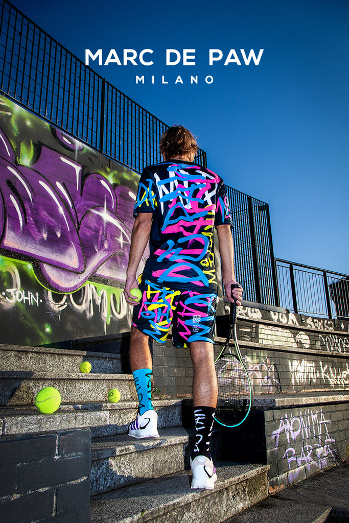 Black Tennis / Padel T-Shirt with multicolor MARC DE PAW MILANO Spray lettering