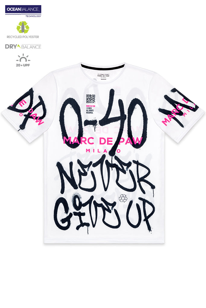 White Tennis / Padel T-Shirt with 0-40 NEVER GIVE UP Spray lettering
