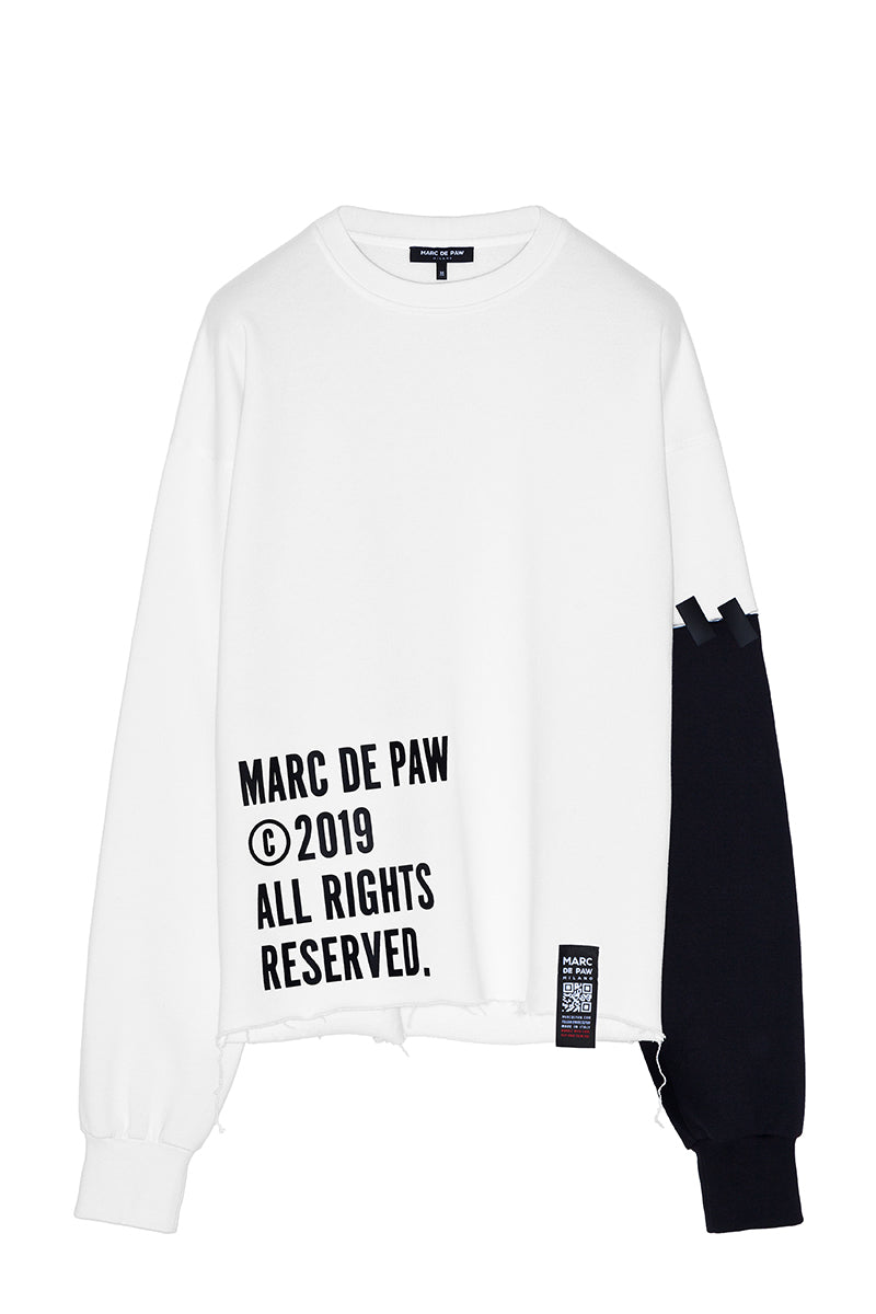White sweatshirt with black writing new arrivals