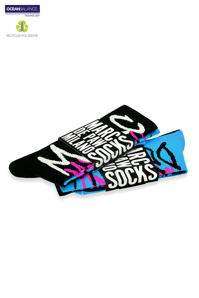 Black & Cyan Recycled active Socks with Spray lettering (2 pairs)