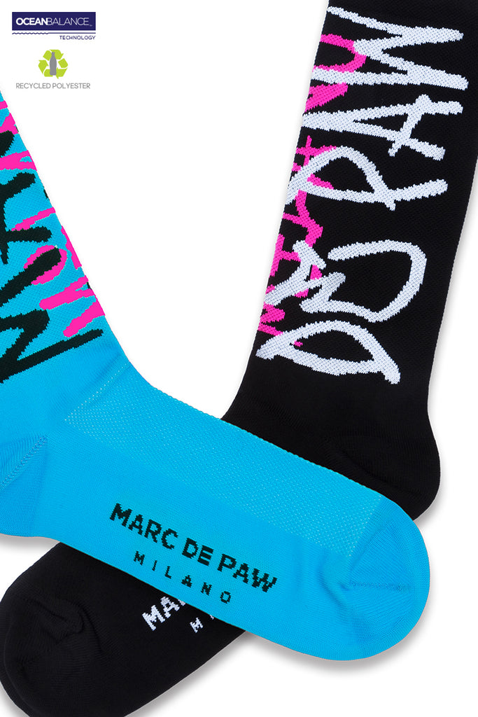 Black & Cyan Recycled active Socks with Spray lettering (2 pairs)