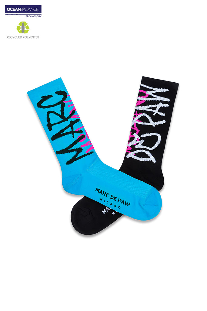 Black & Cyan Recycled active Socks with Spray lettering (2 pairs)