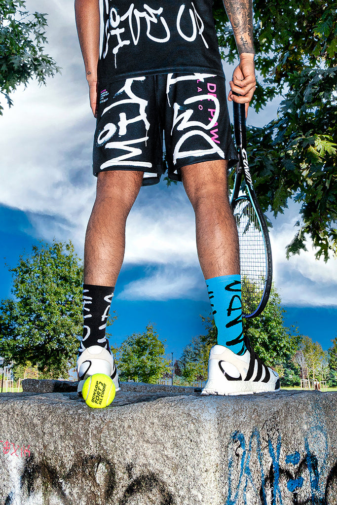 Black & Cyan Recycled active Socks with Spray lettering (2 pairs)