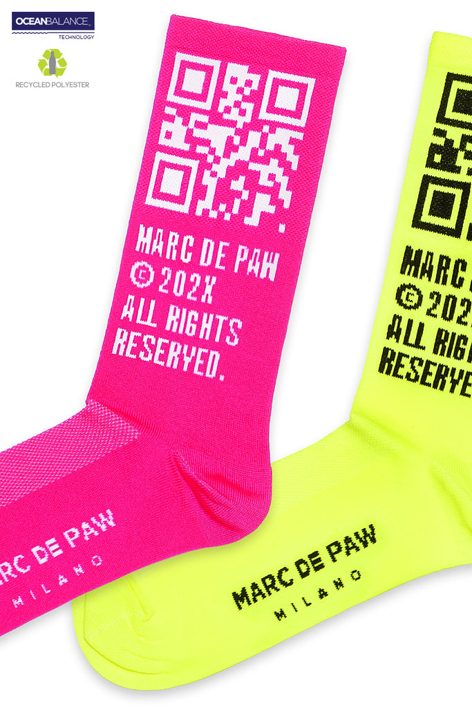 Neon Yellow & Neon Pink Recycled active Socks with MARC DE PAW QR code (2 pairs)