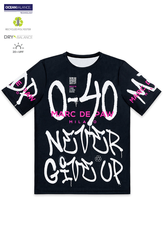 Black Tennis T-Shirt with 0-40 NEVER GIVE UP Spray lettering