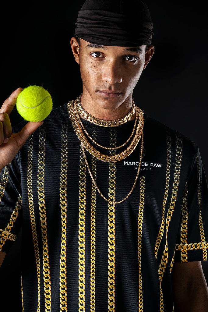<B>LAST PIECES!</B><BR>Black Tennis T-shirt with Gold Chains