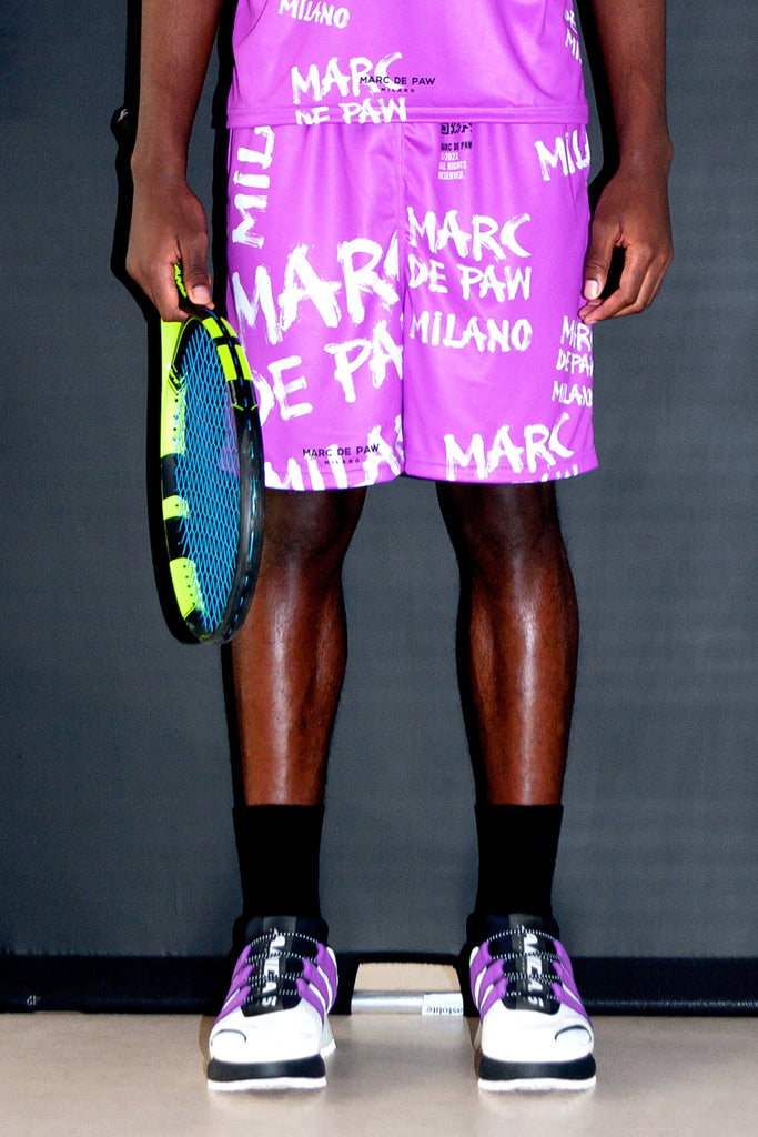 <B>SOLD OUT!</B><BR>Purple Pink Tennis Shorts with paint brushed logo