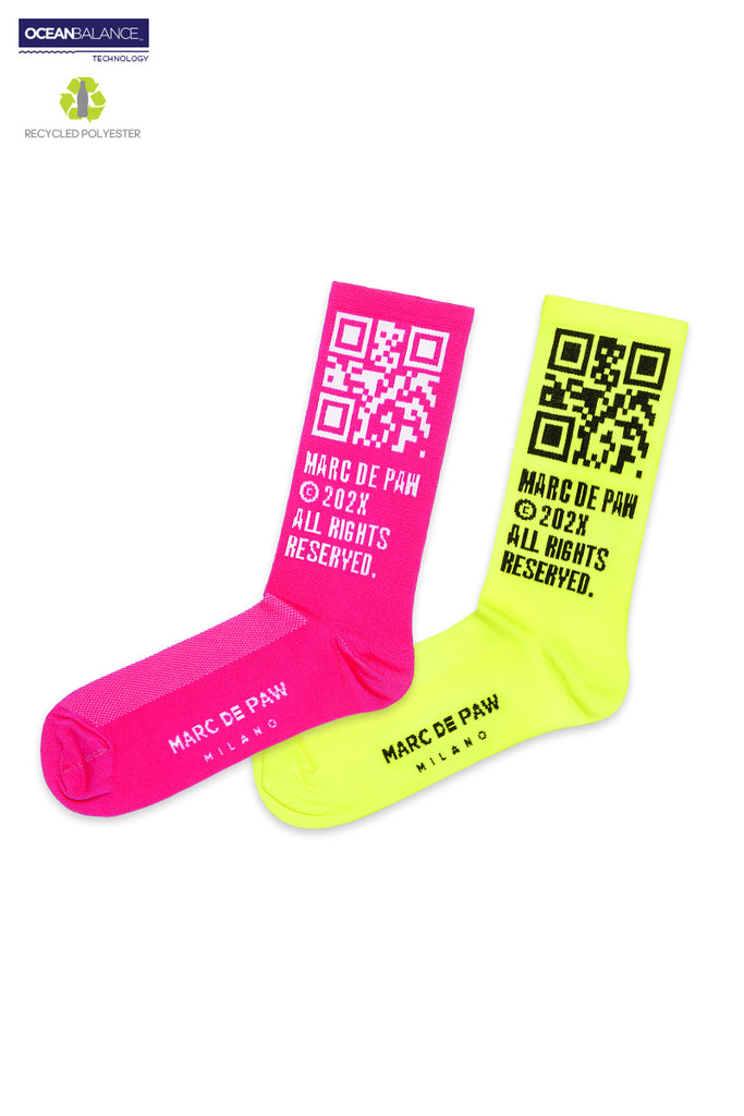 Neon Yellow & Neon Pink Recycled active Socks with MARC DE PAW QR code (2 pairs)