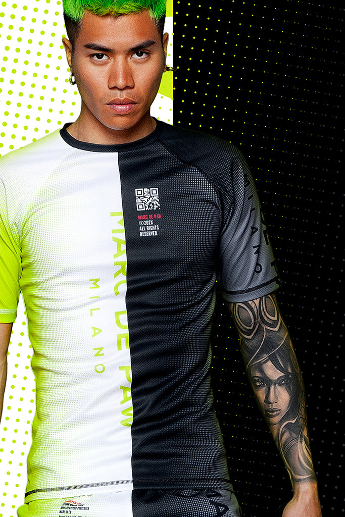 Lime-White & Black-Grey gradient Color-blocked Tennis T-Shirt