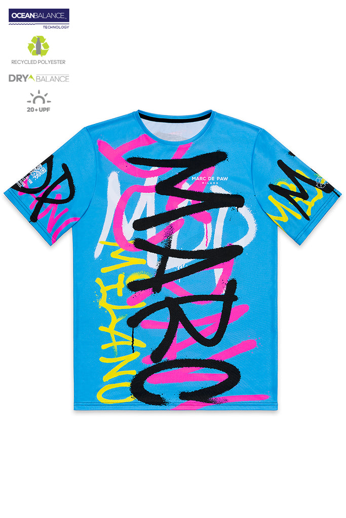 <B>LAST PIECES!</B><BR>Cyan Tennis T-Shirt with Spray letterings