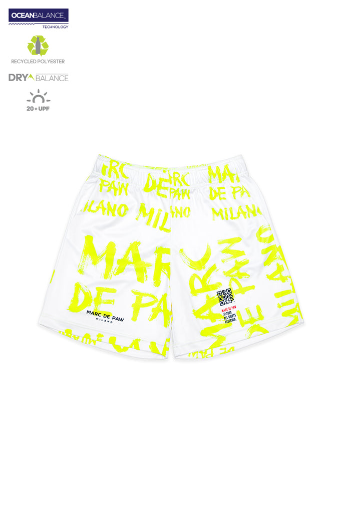 <B>LAST PIECES!</B><BR>White Tennis Shorts with allover Neon Yellow brushed logo