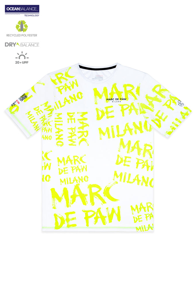<B>LAST PIECES!</B><BR>White Tennis T-Shirt with allover Neon Yellow brushed logo
